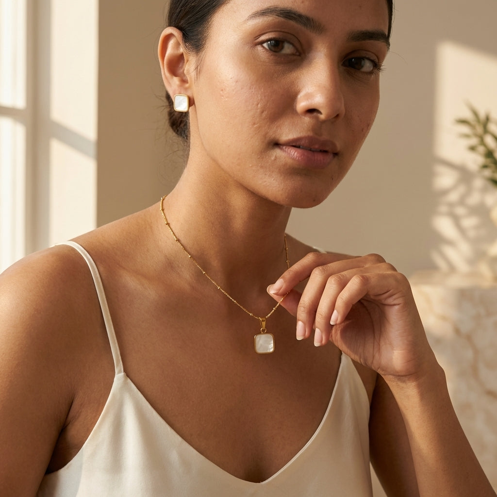 Ivory Square Charm Set with Earrings