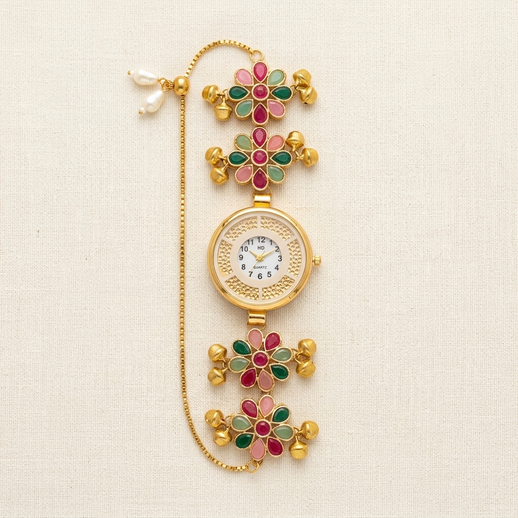 The Navratna Floral Gemstone Heritage Bracelet Watch