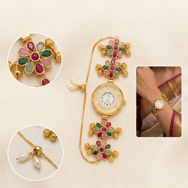 The Navratna Floral Gemstone Heritage Bracelet Watch